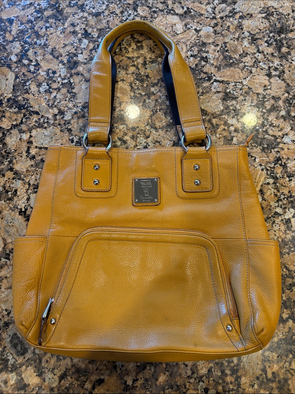 Tignanello Mustard Pebble Leather Tote with Front Zip Pocket